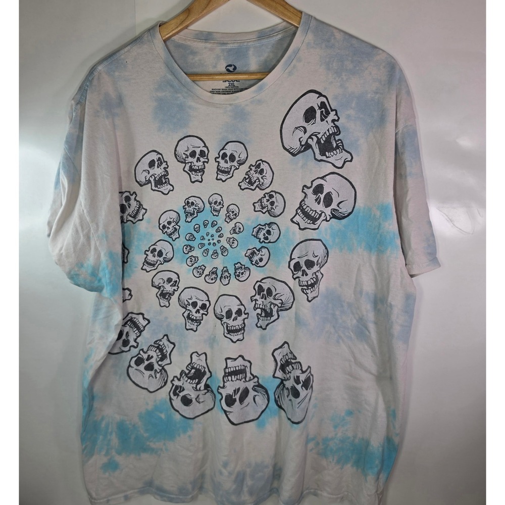Liquid Blue Mens 2XL Skull Spiral Vortex Tie Dye Blue White Cotton Tee Shirt
